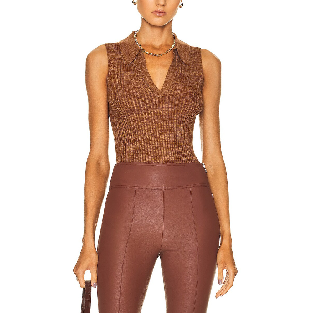 Helmut Lang Brown Ribbed Sleeveless Polo Knit Top